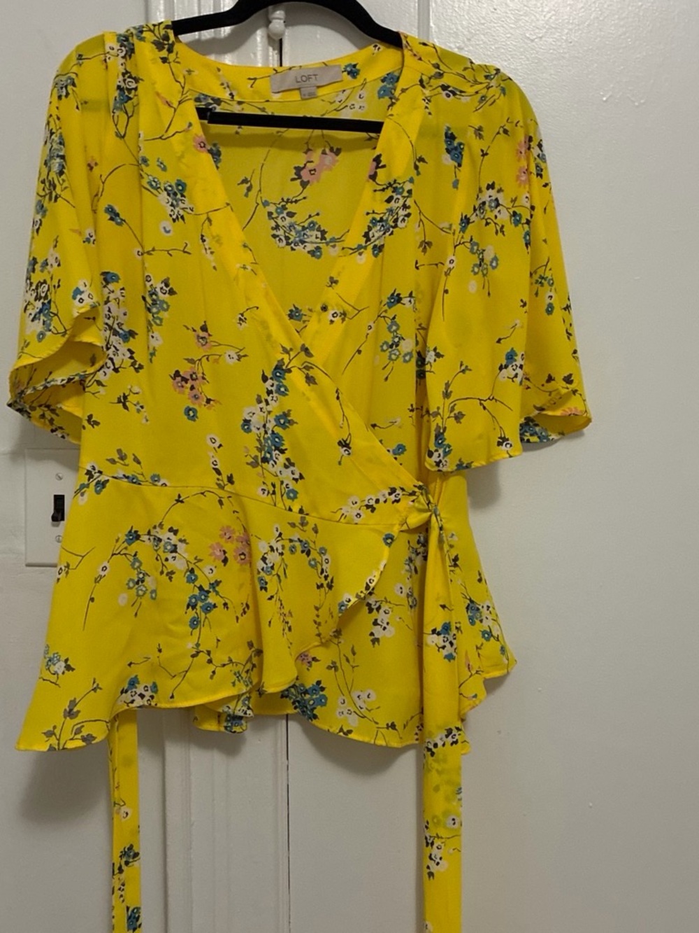 LOFT Bright Yellow Floral Wrap Peplum Blouse